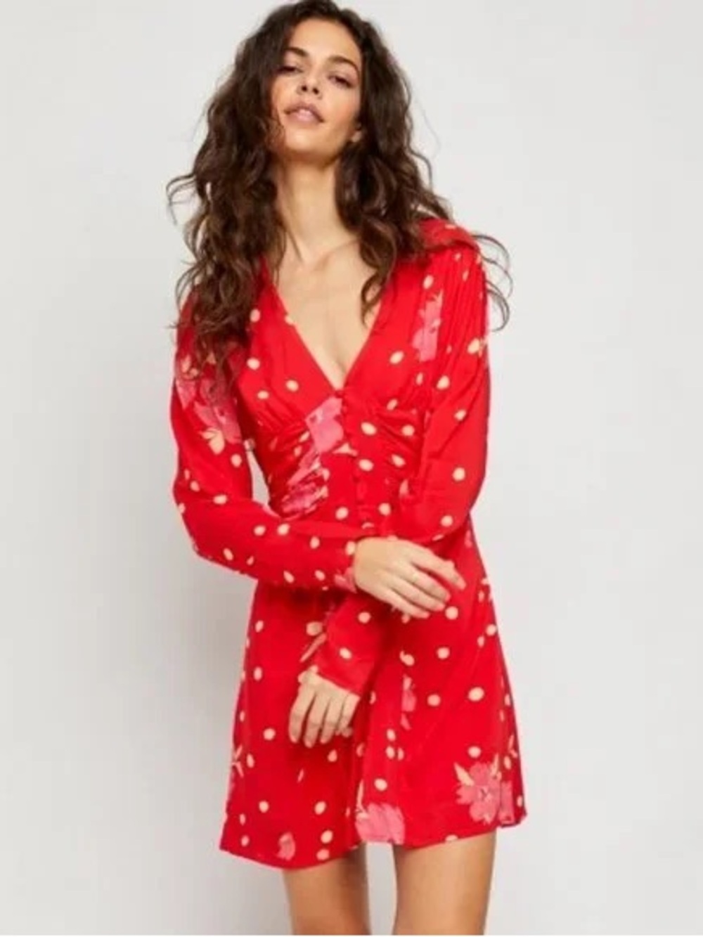 Free People XS Red Floral Polka Dot Ruched V-Neck Button Front Long Sleeve Dress